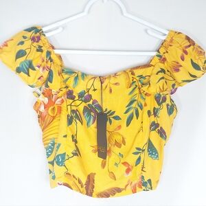 Rachel Yellow Tropical Floral Off-Shoulder Crop Top
